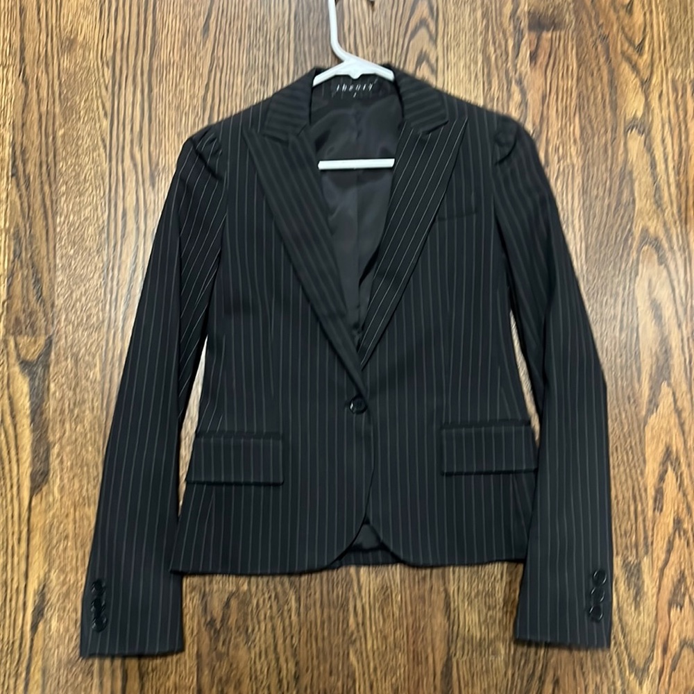 Theory Cotton Blazer Jacket Black Pinstripe Size 4